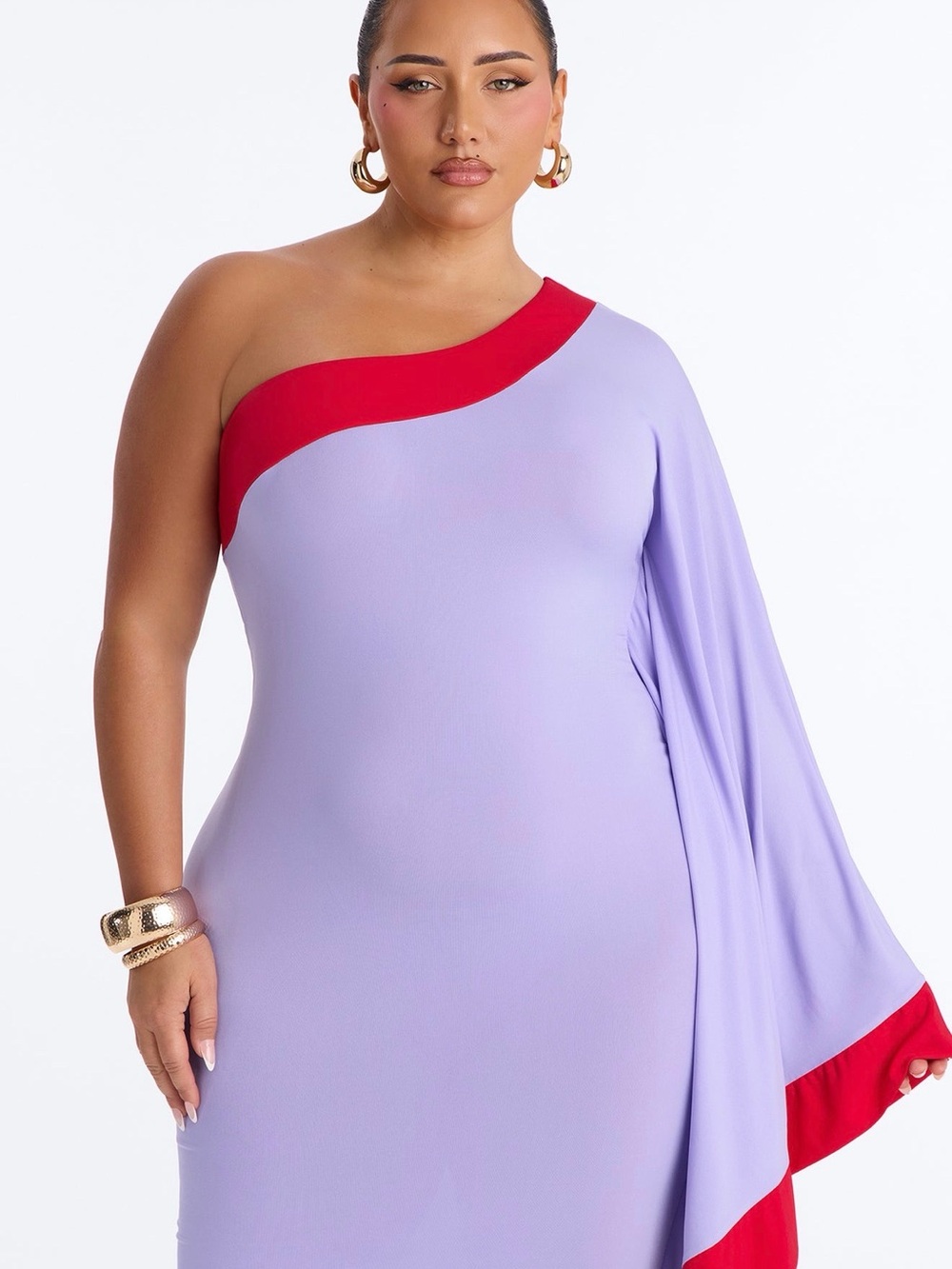 Fashion Nova Lavender One-Shoulder Maxi Dress with Red Accents - Picture 2 of 6